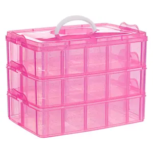 3-Tier Pink Craft Storage Container, Stackable Organizer Box with Dividers for Art Supplies, Beads, Washi Tapes, Seed, Hair Accessories, Nail, 9.5X6.5X7.2in Plastic Adjustable