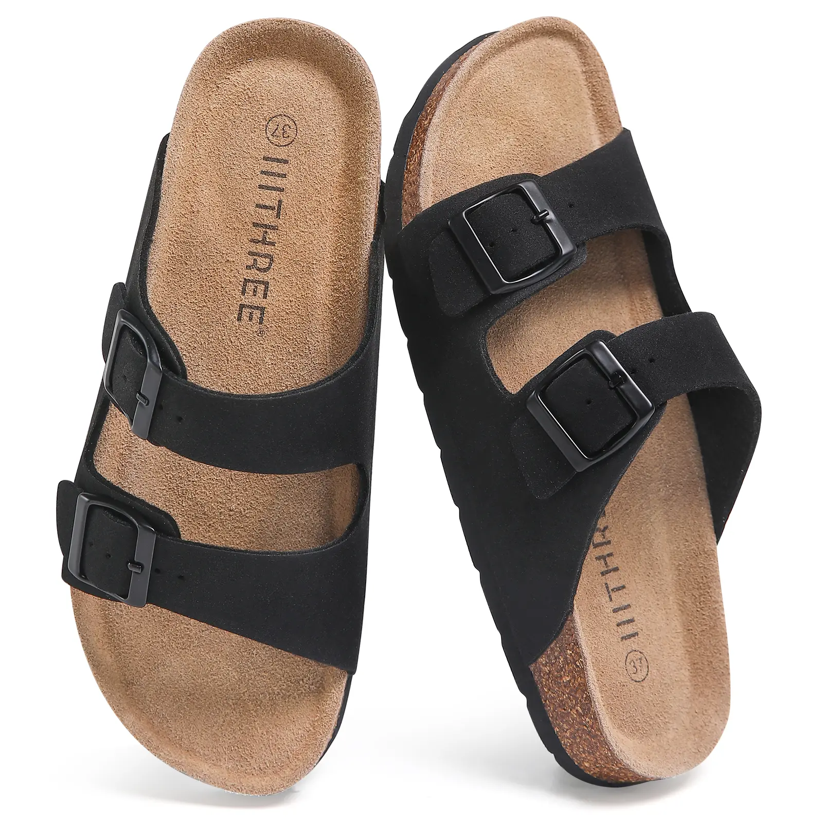 IIITHREE Cork Footbed Womens Sandals, Two Adjustable Strap with Bucklse Flat Slide Sandals, Arch Support Summer Sandals for Women