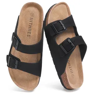 IIITHREE Cork Footbed Womens Sandals, Two Adjustable Strap with Bucklse Flat Slide Sandals, Arch Support Summer Sandals for Women