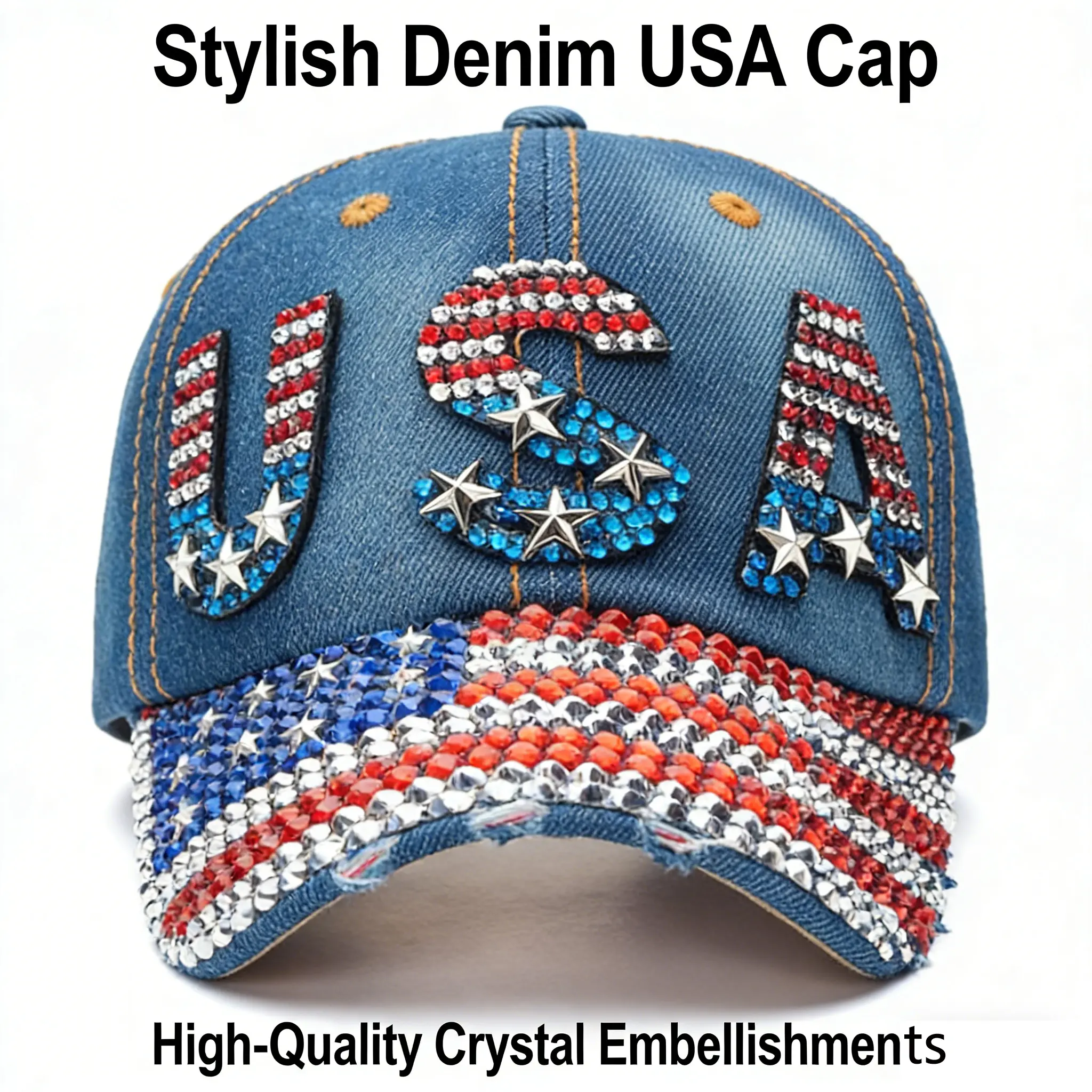 Vintage Washed Denim Fitted Baseball Hat - Patriotic USA Cap with Silver Rhinestones, Acrylic Crystals/Rhinestones, Adjustable Design for Outdoor Sports, Casual Sun Protection Streetwear