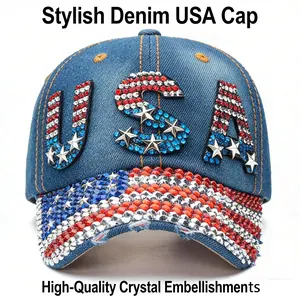 Vintage Washed Denim Baseball Hat Crystal Embellished USA Cap Shiny Rhinestone Outdoor Sports Casual Sun Hat Streetwear