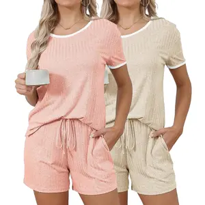 Women's Ribbed Pajama Set - 2 Piece Lounge Outfit with Collar Top & Shorts, Comfortable Casual Matching Loungewear Pjs