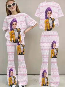 Girls' Snowflake Short Sleeve Bell Bottoms Set, Cool Girl Print, Casual Trendy Two-Piece, Fitted Style