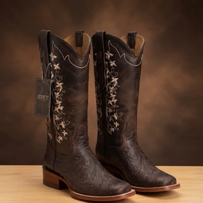 Women's Embossed Cincelada Leather Pointed Toe Ankle Boots - Chocolate Brown, Style 072 Tania, Casual Western Cowboy Footwear