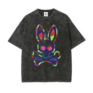 Neon Rainbow Skull Rabbit Pattern, Plus Size S~5XL, Unisex Washed T-shirt, For Men And Women, Acid Wash Cotton, Edgy Streetwear Aesthetic, Ultra Soft Pre-shrunk.
