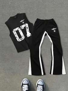 Men's Letter Print Tank Top & Sport Top & Graphic Print Pants Two-piece Set, Loose Sleeveless Top & Jogger Pants, Summer Outfits Set for Men, Sportswear Indoor Outdoor