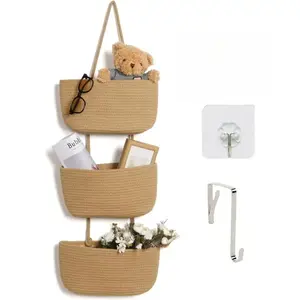 Over the Door Woven Cotton Hanging Basket 3-Tier & Jute Wall Organizer, Decorative Storage for Nursery Diapers, Toys, Pantry, Balcony, Breathable Farmhouse Door Organizer, No-Drill Space-Saving for Bedroom & Bathroom
