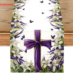 Easter table flag, adorned with a cross and resurrected lily - Lily Cross stem, suitable for spring church home decoration during Easter Sunday celebrations, and can also be used as a year-round table decoration decoration 13X48 inch, 13X72 inch