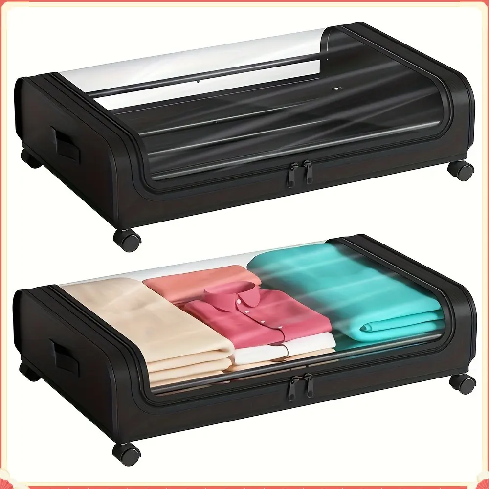 2 Pack Wheeled Metal Under Bed Storage Containers With Secure Lids, Rolling Under Bed Organizer Bins, Dust-Proof Underbed Storage For Clothes, Shoes, Blankets, Bedding, Books, Bedroom Closet Organization
