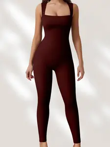 Women's Sleeveless Square Neck Yoga Jumpsuit, Comfortable Breathable High Stretch, Casual Home Wear, Outdoor Gym Workout Clothes, Sporty Comfy Jumpsuit