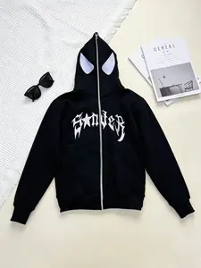 Y2k Full-Zip Spider Graphic Hoodie for Men - Menswear Harajuku Street Punk Style, Unique Hooded Glasses Design, Fitted Fall-Winter Casual Sweatshirt