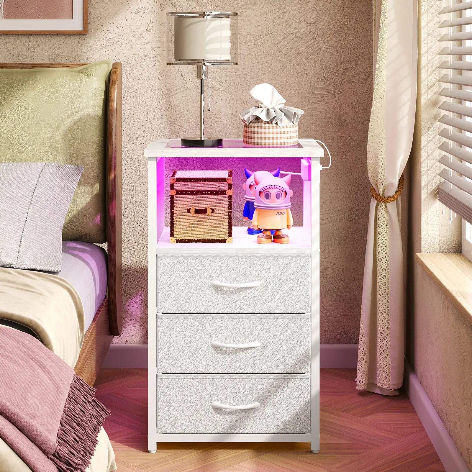 FIXWAL Nightstand with Charging Station and LED Lights, Glass Top Night Stand for Bedroom, Bedside Table with Drawers, Modern End Side Table, Home Furniture, Dorm Essentials [tiktokshopbacktoschool]