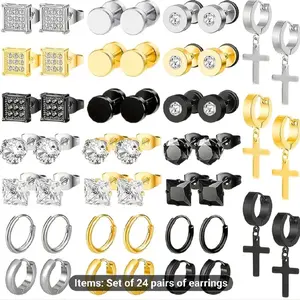 24 Pairs Stainless Steel Earrings for Men Inlaid Cross Dangle Hinged Earrings Hoop CZ Stud Hypoallergenic Earrings Huggie Earrings Set for Women Men Ear Piercing Jewelry Black Steel Gold  200+ bought in past month