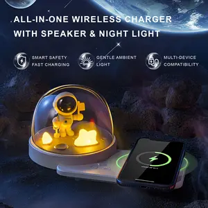 3-in-1 Wireless Charging Station with Bluetooth Speaker & Night Light Space Astronaut LED Table Lamp for Bedroom Gifts for Adults Kids Girls Boys Room Decor