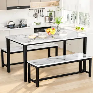 AWQM Dining Table Set with 2 Benches, 43.3"x23.6"x28.5", Industrial Black & Brown, Beige, Ideal for Kitchen, Dining Room & Breakfast Nook