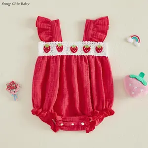 Cute and stylish red strawberry embroidered romper for baby girls - with ruffled shoulder straps, lace trim, and soft cotton yarn. Suitable for newborns (0-18 months).