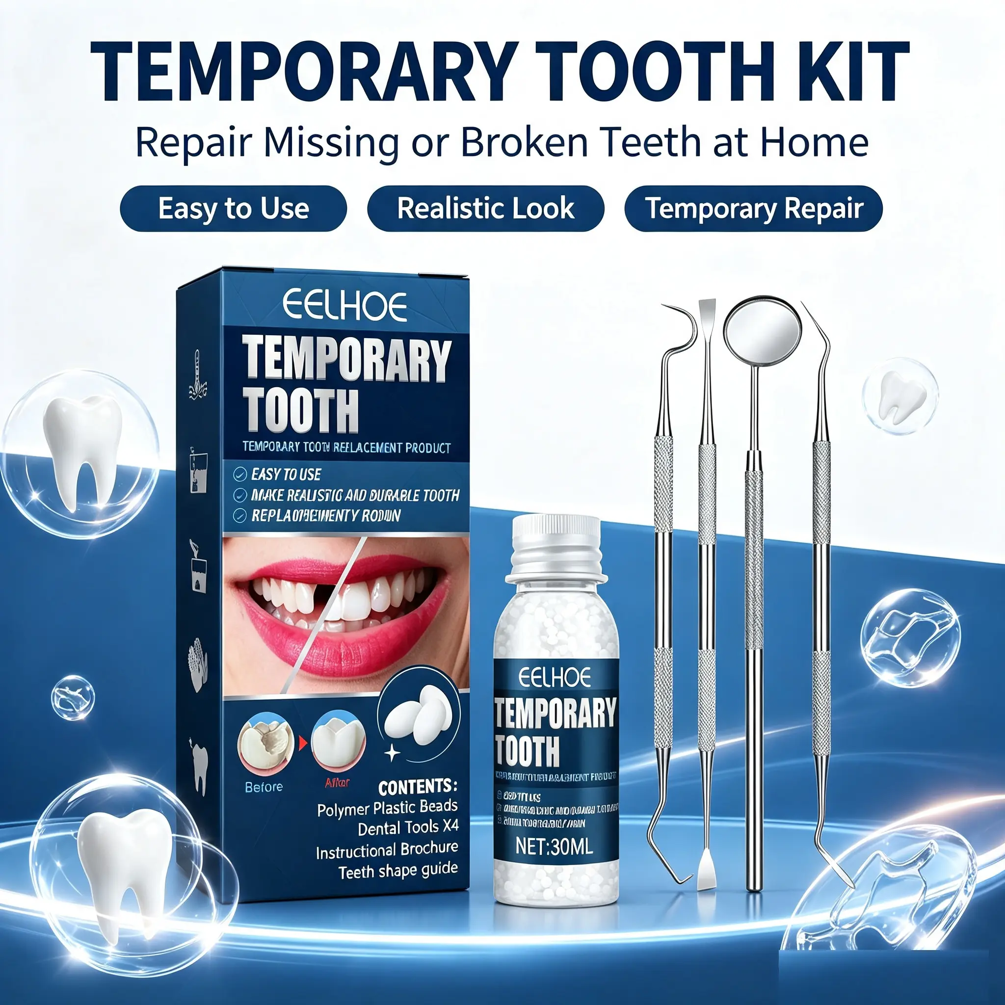 Moldable Decorative Teeth Beads Kit, 4-Pcs Dental-Style Tools Included, Acrylic Oral DIY Prop for Party, Halloween Cosplay Denture