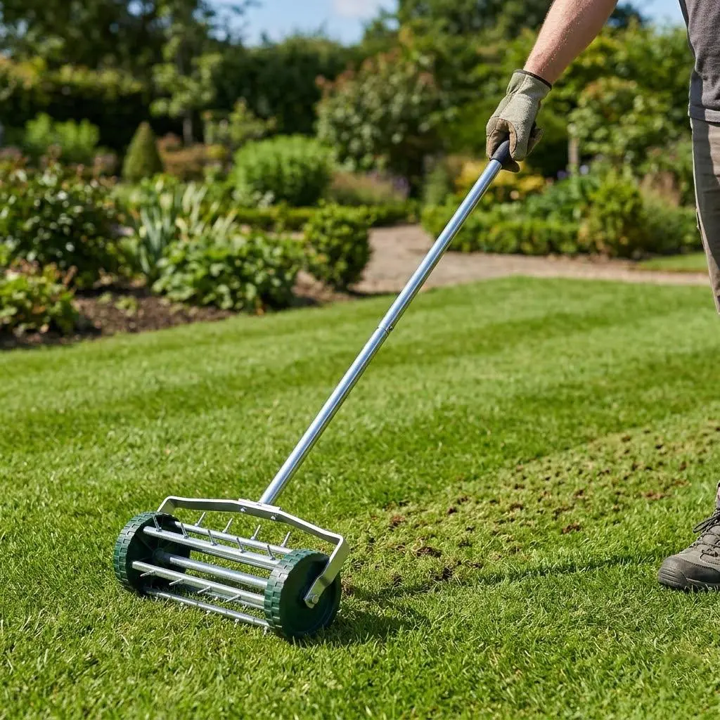 Heavy Duty Rolling Lawn Aerator, Galvanized Steel Rust-Proof Gardening Tool with 1.4" Spikes, 57-In 3-Piece Back-Saving Long Steel Handle, Loosens Compacted Soil, Easy Assembly for Lawn Grass Maintenance