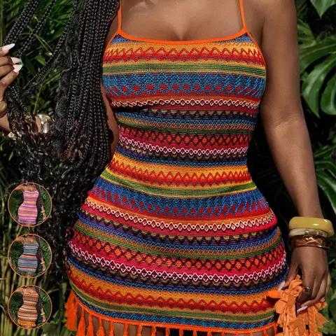 Women's Vacation Colorful Striped Fitted Fringe Mini Dress, Stylish & Comfortable Summer Dress, Perfect for Beach & Poolside Wear, Boho Beach Dresses