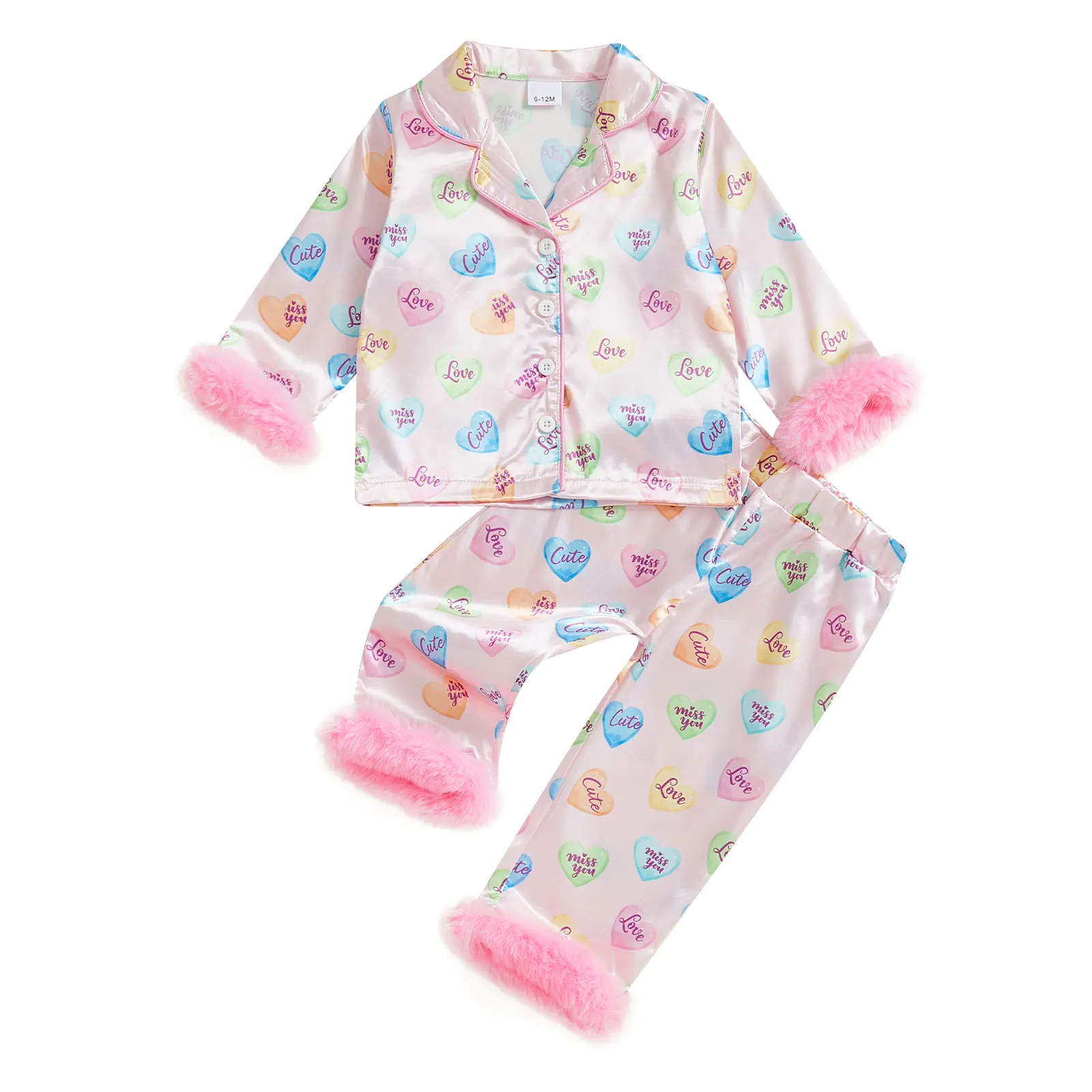 Kids Toddler Girl Valentine's Day Satin Pajamas Fuzzy Trim Long Sleeve Button Down Shirt Top and Pants 2pcs Pjs Sets Sleepwear