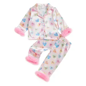 Kids Toddler Girl Valentine's Day Satin Pajamas Fuzzy Trim Long Sleeve Button Down Shirt Top and Pants 2pcs Pjs Sets Sleepwear
