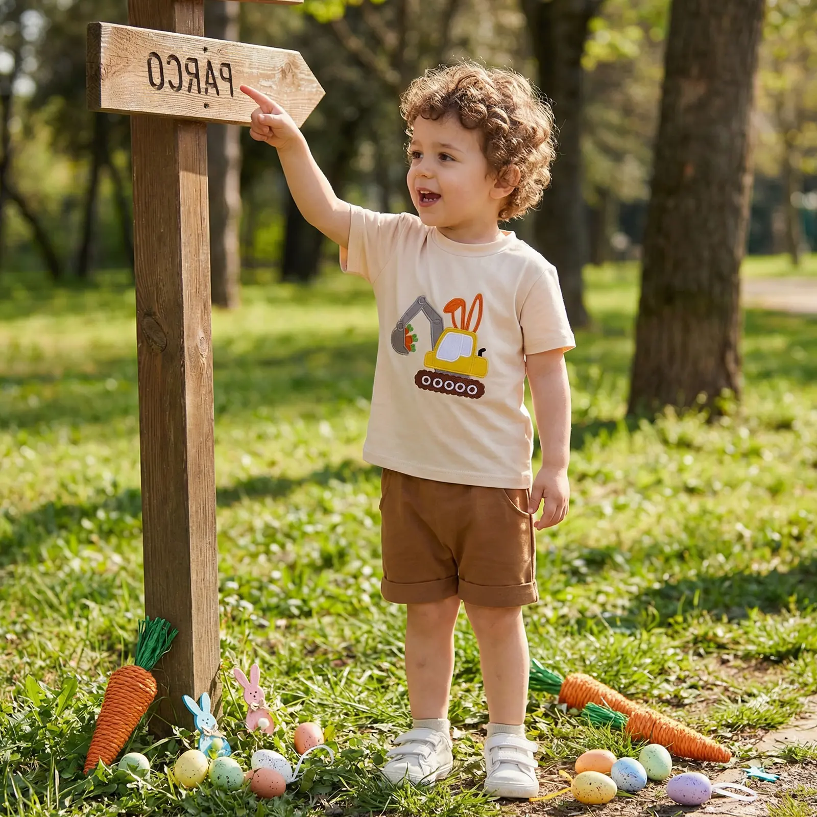 Boys Easter Shorts Sets Short Sleeve Carrot Bunny/Excavator Embroidery Tops and Solid Color Shorts