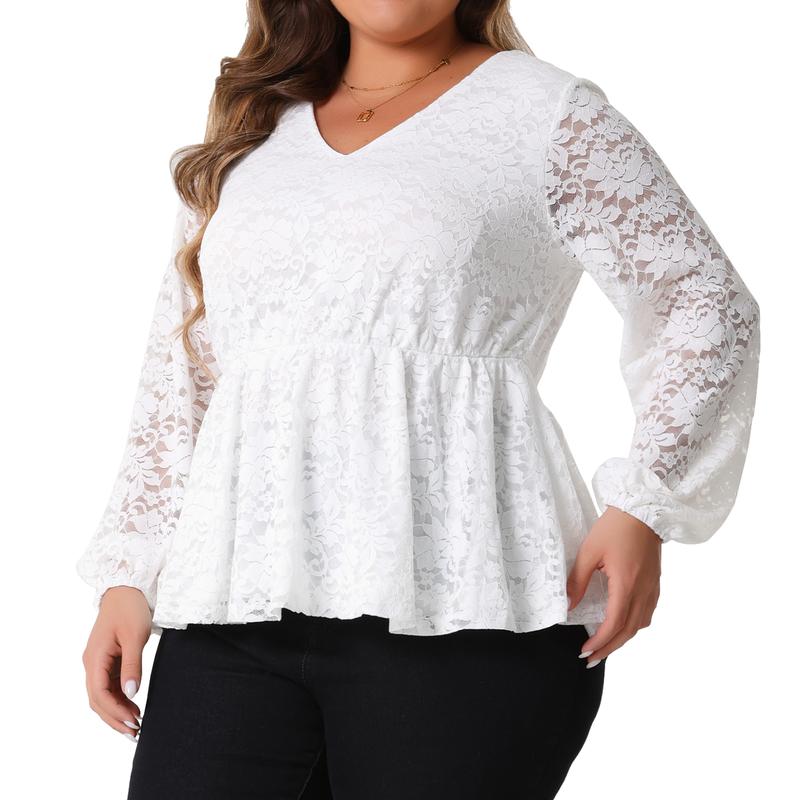 Agnes Orinda Plus Size Lace Tops for Women Casual Elegant V Neck Long Sleeve Floral Peplum Blouses White