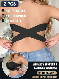 2PCS Wireless Plus Size Full Coverage Push-Up Bra, Sexy Elegant Style, Casual, Side Buckle and Cross Back Design, Smooth Fit, Perfect for Special Occasions