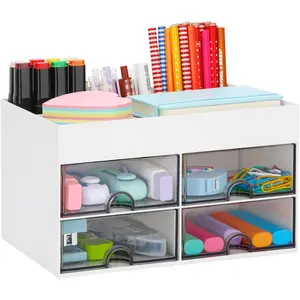 Desktop Organizer with Drawer, Accessories Stationary Organizer Desk , Pen/Pencil/Business Card/Sticky Note Tray/Paperclip Holder Storage Box (White)