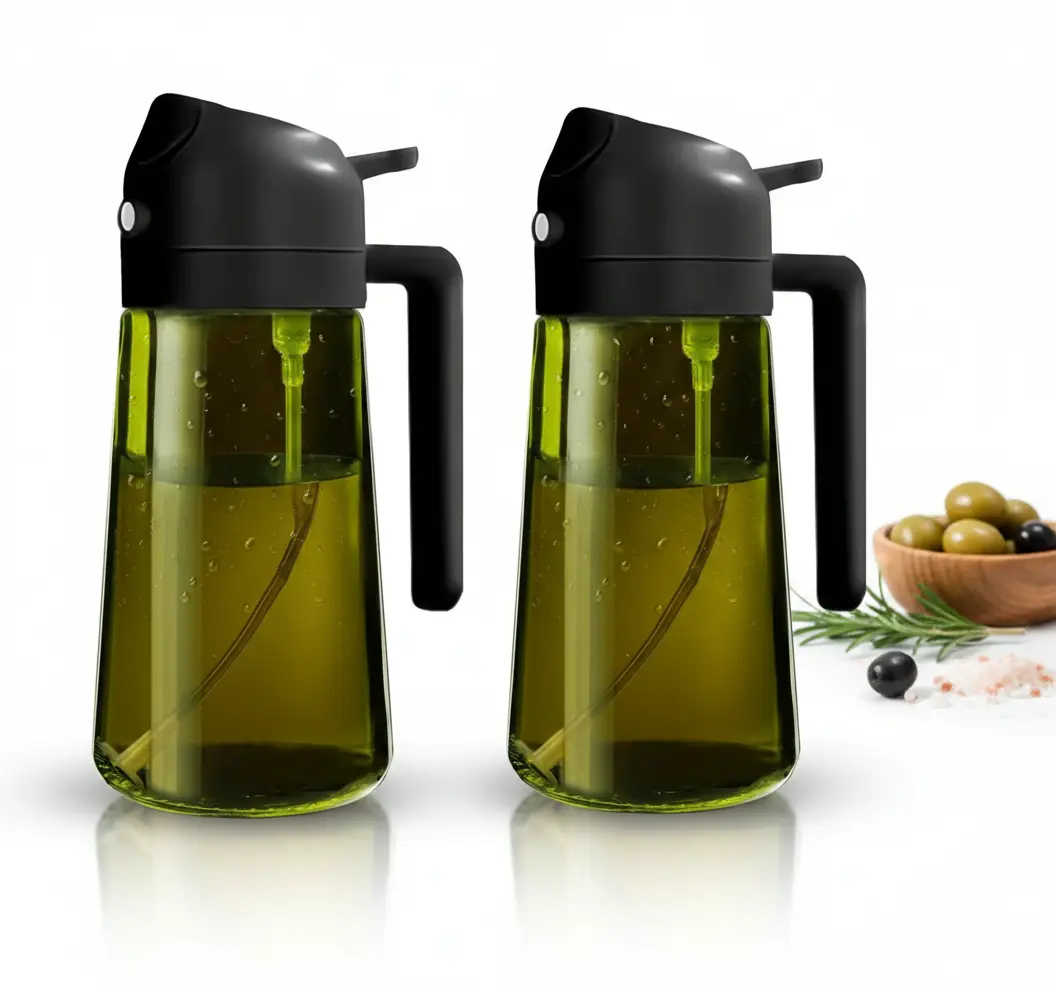 Premium (1&2 Count Options) 2 in 1 Glass Oil Sprayer for Cooking 16oz/470ml Light-Blocking Dark Olive Oil Dispenser Bottle for Kitchen Food-Grade Oil Mister for Air Fryer BBQ Tin campingessentials