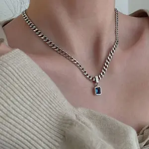 Fashion Simple Stainless Steel Persian Gulf Sea Blue Zircon Cube Pendant Necklace for Men Women Personality Charm Jewelry Gifts