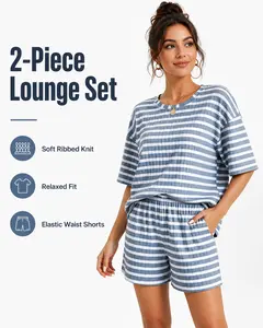 Women's 2 Piece Striped Lounge Set, Ribbed Knit Oversized Short Sleeve Top and Shorts Outfit, Casual Summer Loungewear Set