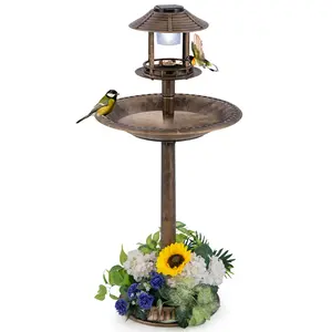 COSTWAY - Pedestal Bird Bath with Solar Light with Bird Feeder and Flower Planter-Bronze