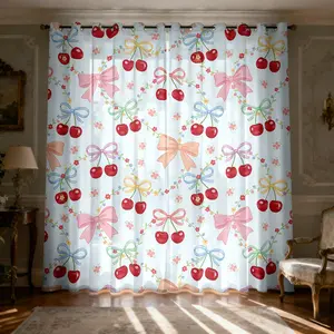 Cartoon Cherry Sheer Curtains 63 Inch Length for Living Room,Bow Patterned Semi Sheer Light Filtering Curtains for Bedroom Dining Room, Grommet Modern Window Drapes 2 Panels