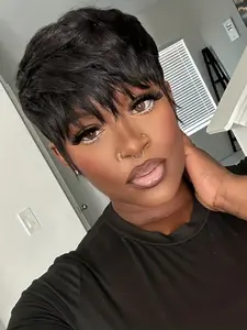 Short Pixie Cut Wig Straight Human Hair Wigs with Bangs for Women Machine Made  Layered Wig, Natural Daily Wig