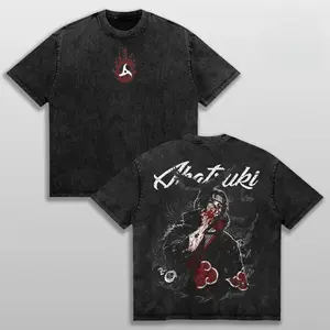 Casual Black Washed Naruto Itachi Uchiha Akatsuki Anime Graphic T Shirt Retro Blood Art Print Oversized Short Sleeve Crewneck Cotton Tee Streetwear Top for Men and Manga Enthusiasts