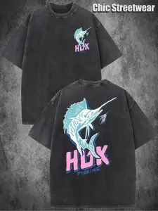 Men's Vintage HUK Fishing Logo T-Shirt - Double-Sided Trout & Salmon Print, Washed Cotton Brown with Blue/Pink Hues, Relaxed Fit Short Sleeve Crew Nec Valentine's Day, Valentine's Day gifts