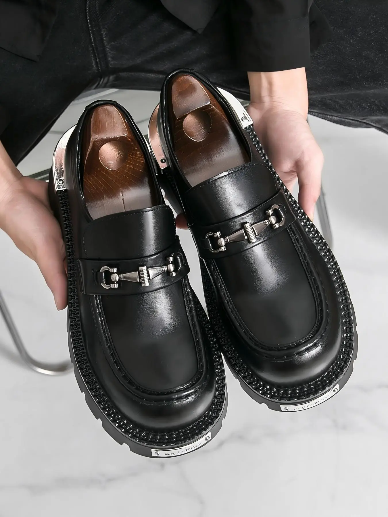 Men's Business Casual Loafers, Spring & Fall Thick Sole Height Increasing Shoes, Durable Buckle Design Comfortable Gentleman Commuter Footwear