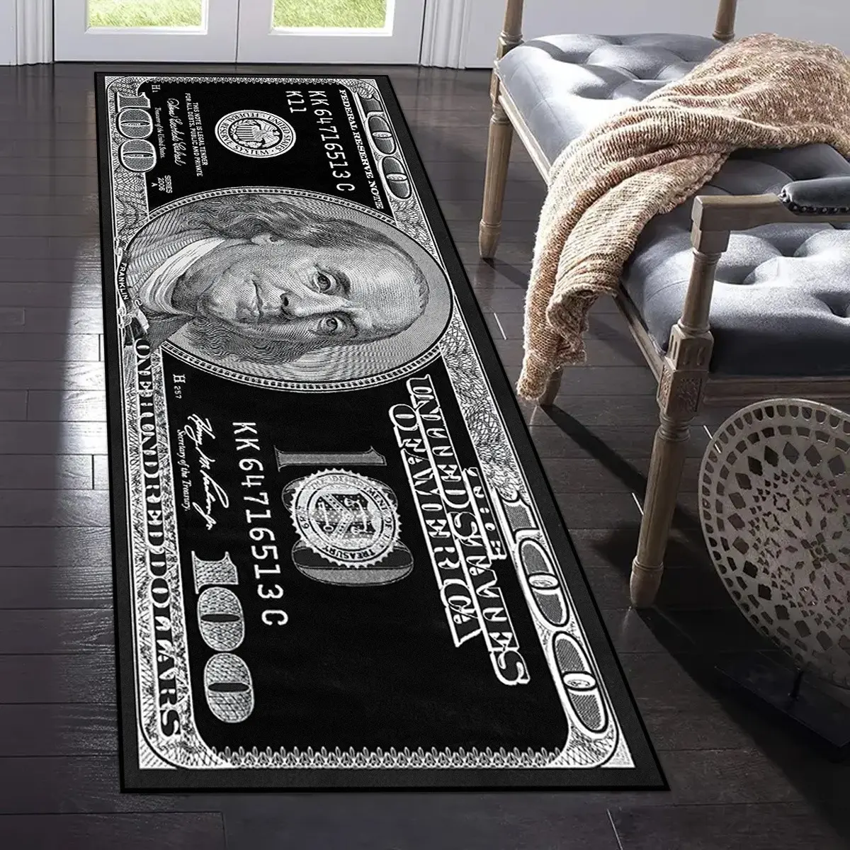 Dollar Dollar Rug, Black $100 Pattern Floor Mat, Black Dollar Bill Pattern, Long Strip Mat/Door Mat for Hallway/Bedside Area, Home Decor, Home Decorative Rugs, Suitable for Hallway, Kitchen, Bedroom, Front Door Entrance, Durable Area Rugs