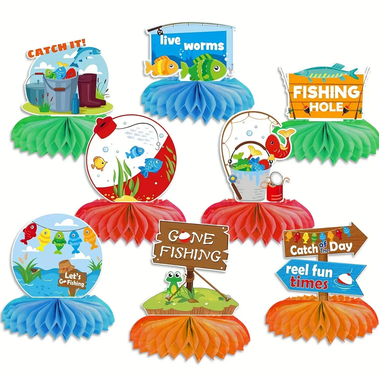 8 Pieces Gone Fishing Party Supplies, 3D Fishing Centerpieces, Honeycomb Party Decorations, Summer Table Decor, Party Decoration Set for Birthday Baby Shower