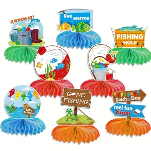 8 Pieces Gone Fishing Party Supplies, 3D Fishing Centerpieces, Honeycomb Party Decorations, Summer Table Decor for Birthday Baby Shower