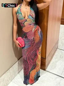 DOUCIU Summer Beach Vacation Yacht Party Street Photography Sexy Thin Printed Mesh Splicing Halter Neck Dress, Women's Fashion Casual Wear