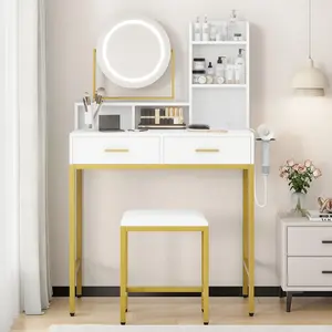 Vanity Desk with Rotating Mirror and Adjustable 3-Color LED Light, Includes Power Outlet, 2 Drawers, Storage Shelves, and Stool for Bedroom