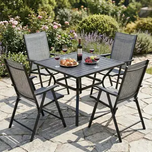 Outdoor Dining Set for 4, All-Weather Grey Patio Furniture Set with Adjustable Folding Chairs & Square Metal Steel Table - Lightweight Portable Backyard Garden Set