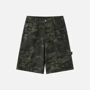 Aelfric Eden Curved Panel Camo Utility Shorts Mid Rise Semi-Elastic Waist Curved Seam Panel Detail Vintage Camo Print Heavyweight  Fabric  Retro Streetwear Unisex Bottoms
