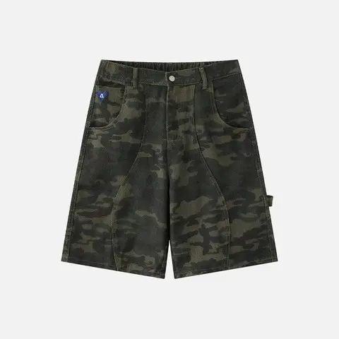Aelfric Eden Curved Panel Camo Utility Shorts Mid Rise Semi Elastic Waist Curved Seam Panel Detail Vintage Camo Print Heavyweight Fabric Retro Streetwear Unisex Bottoms