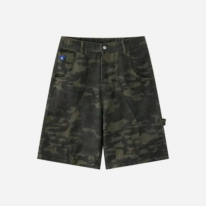 Aelfric Eden Curved Panel Camo Utility Shorts Mid Rise Semi Elastic Waist Curved Seam Panel Detail Vintage Camo Print Heavyweight Fabric Retro Streetwear Unisex Bottoms