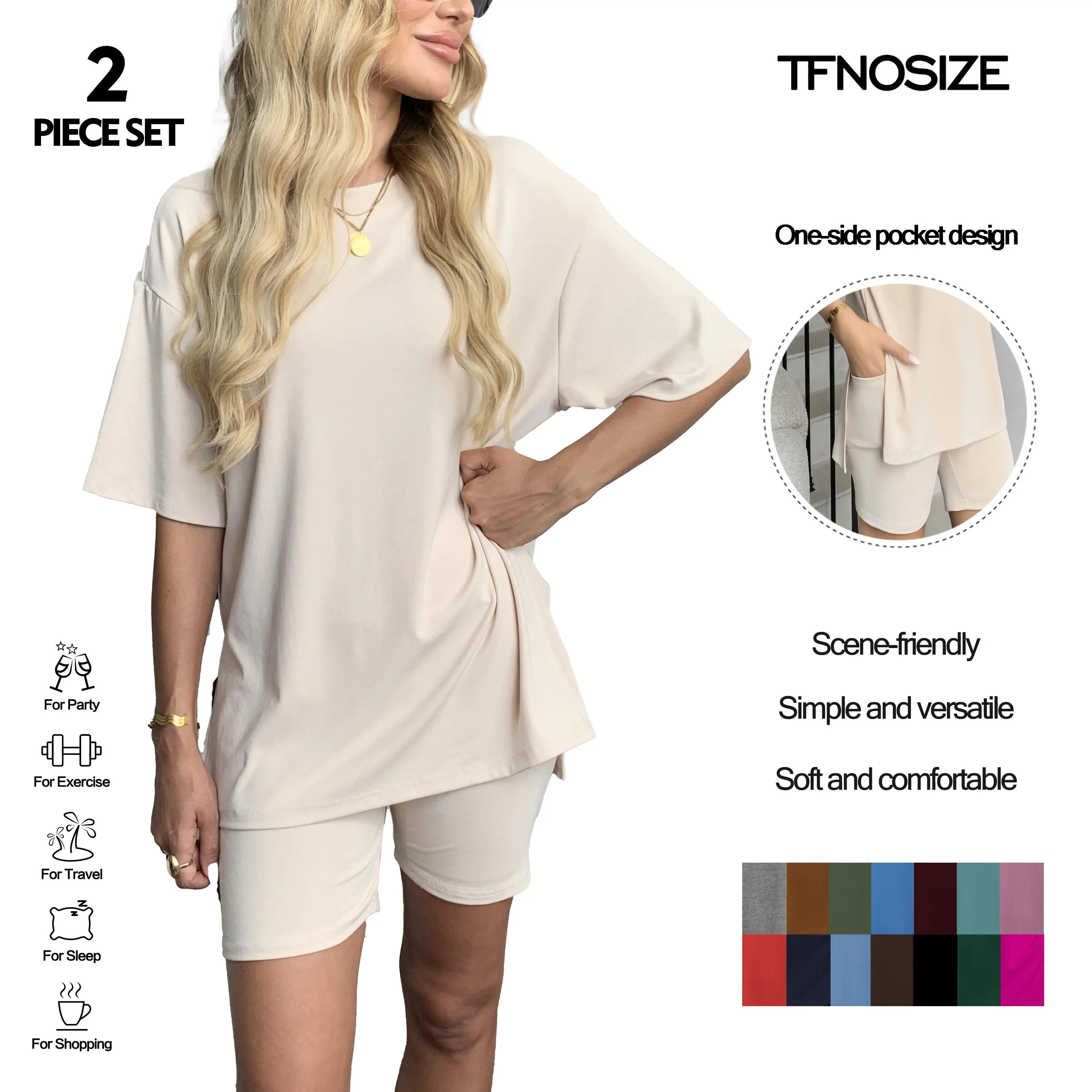 TFNOSIZE Women's Casual Wear, Summer, 2-Piece Suit, Pajamas, Casual Loose, Short-Sleeved Shorts, Airport Travel Wear, Hem Slits, Home Wear