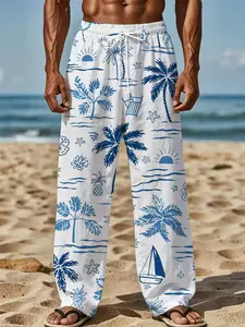 Blue and white maple leaf silhouette refreshing simple and casual long pants