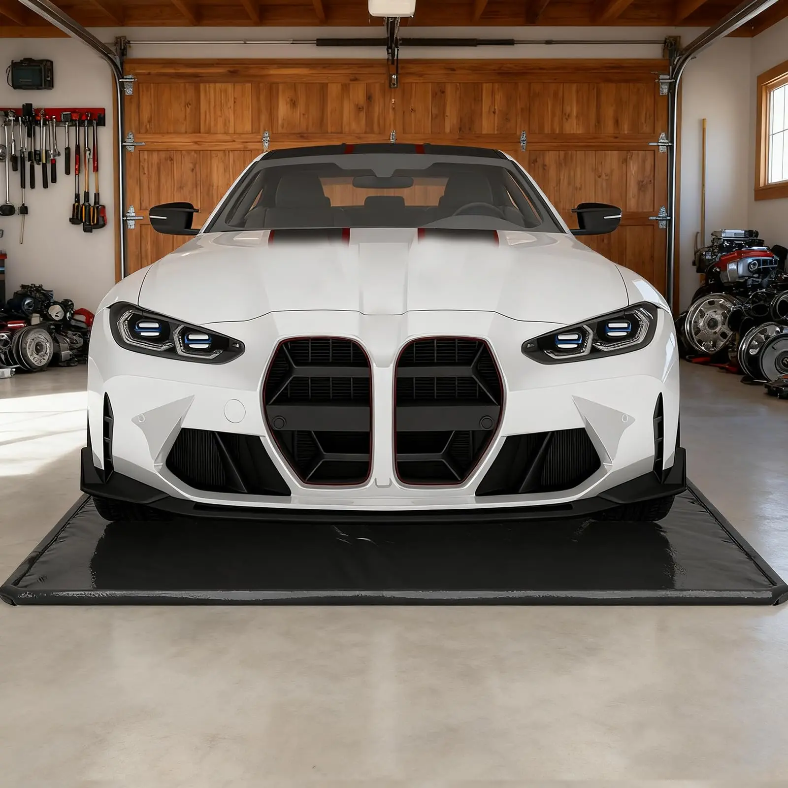 Naudacaa Heavy Duty PVC Garage Floor Containment Mat for Home Garages, 7'9"x16" Heat-Welded Seams, Raised-Edge High-Density Foam Borders, Waterproof, Stain-Resistant, Non-Slip Peel & Stick Mat for Cars/SUVs